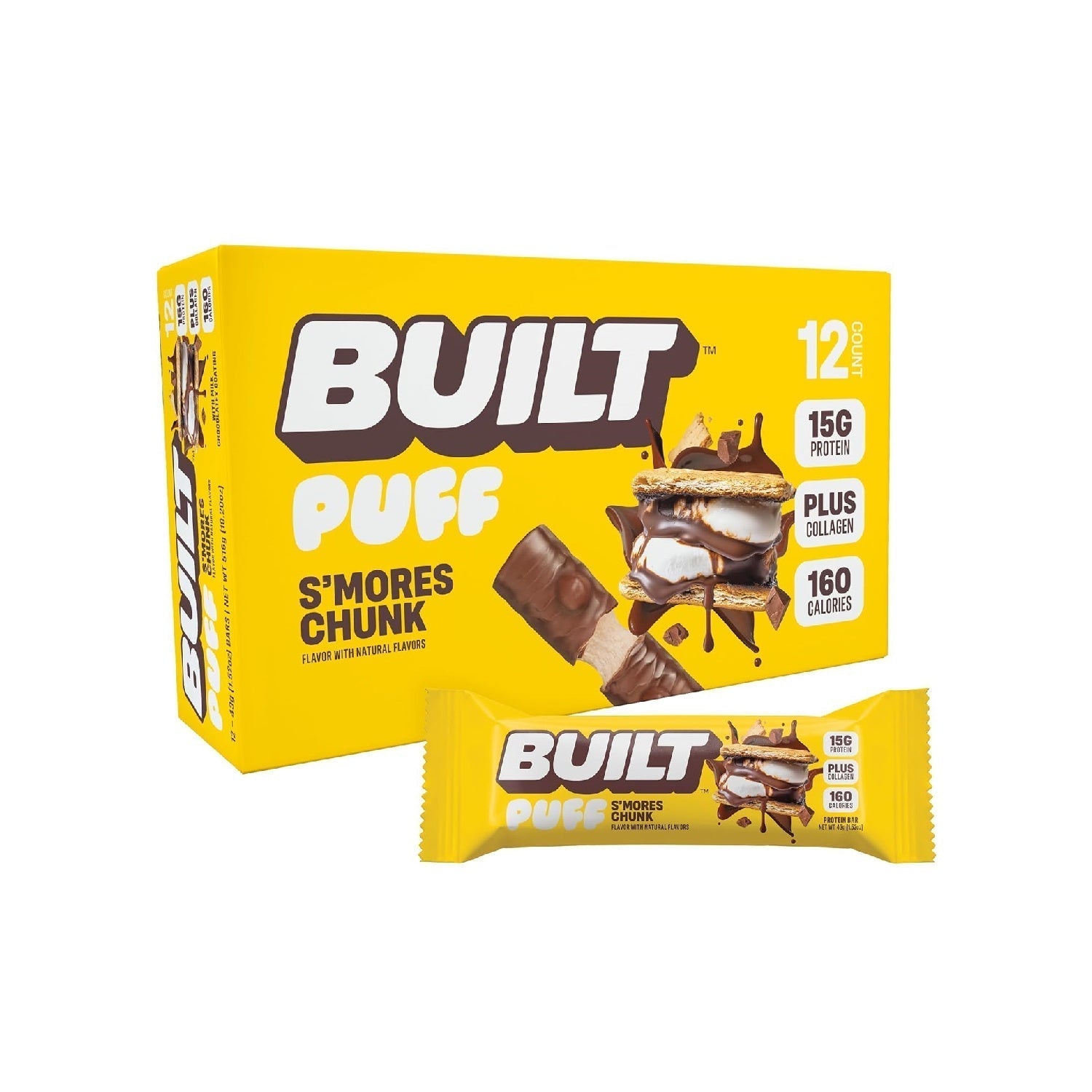 Built Bar, Puff Protein Bars, 17g Protein Snacks,  Only 140 Calories, 6g Sugar, Collagen, Gluten Free, 12 Count